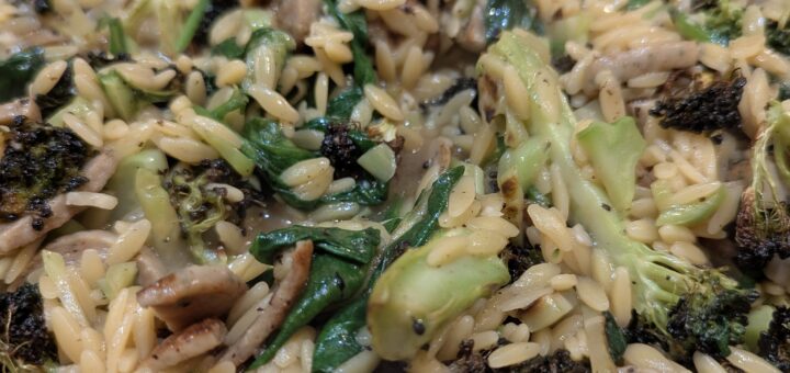 Chicken sausage, orzo and roasted broccoli.